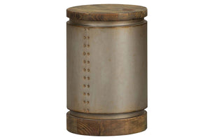 Greer Round Drum End Table With Metallic Finish And Reclaimed Dark Pine Top