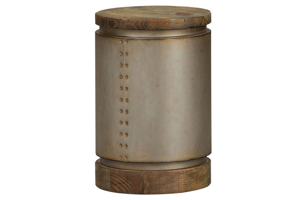 Greer Round Drum End Table With Metallic Finish And Reclaimed Dark Pine Top