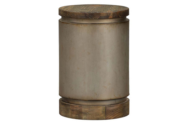 Greer Round Drum End Table With Metallic Finish And Reclaimed Dark Pine Top