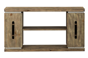 Greer Door Storage Sofa Table With Reclaimed Dark Pine Base And Top With Metallic Accents
