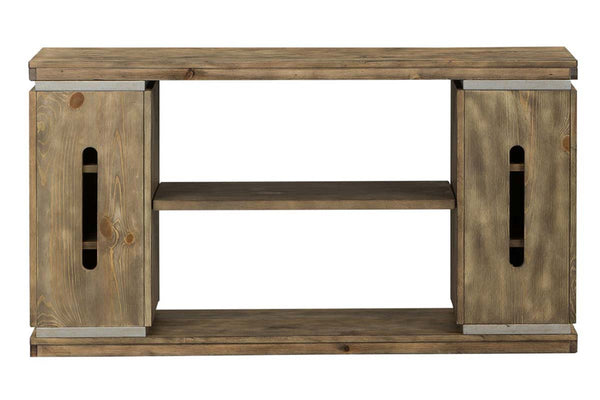 Greer Door Storage Sofa Table With Reclaimed Dark Pine Base And Top With Metallic Accents