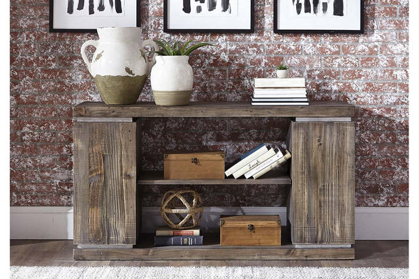 Greer Door Storage Sofa Table With Reclaimed Dark Pine Base And Top With Metallic Accents