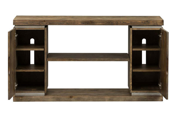 Greer Door Storage Sofa Table With Reclaimed Dark Pine Base And Top With Metallic Accents