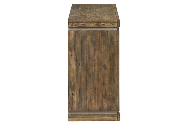 Greer Door Storage Sofa Table With Reclaimed Dark Pine Base And Top With Metallic Accents