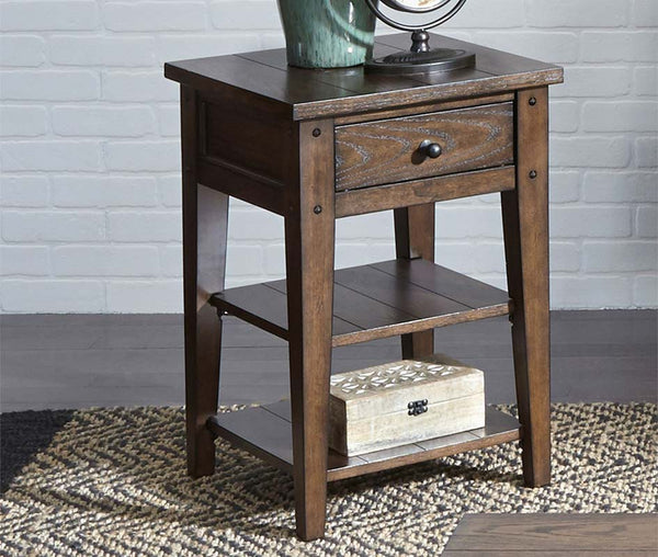 Harding Traditional Plank Style Rustic Brown Oak Chair Side Table With Drawer