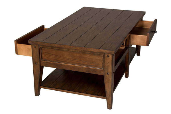 Harding Rustic Brown Oak Plank Top Coffee Table With Two Drawers And Shelf