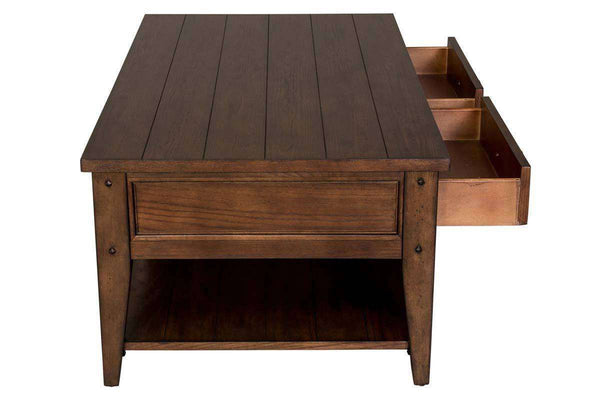 Harding Rustic Brown Oak Plank Top Coffee Table With Two Drawers And Shelf