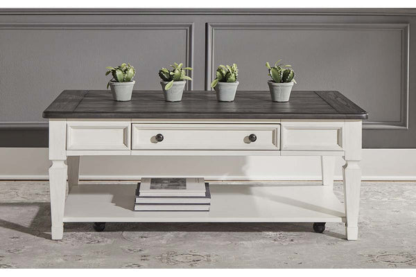 Harper Traditional Single Drawer White Cocktail Table With Lower Shelf And Charcoal Top