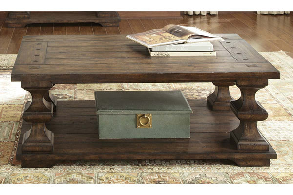 Lucca I Kona Brown Spanish Style Cocktail Table With Lower Storage Shelf