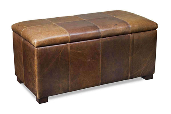 Lyle 40 Inch Long Leather Upholstered Patchwork Chest Ottoman With Storage