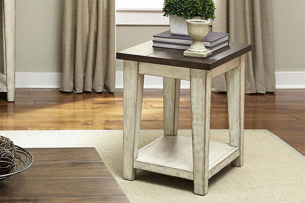 Lyndhurst Chair Side Table With Distressed White Wood Base And Weathered Bark Plank Top