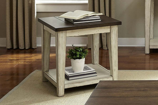 Lyndhurst Square End Table With Distressed White Wood Base And Weathered Bark Plank Top