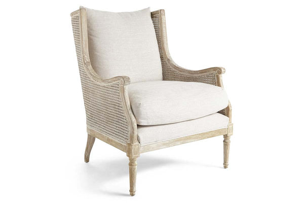 Newberry White Wash "Quick Ship" Natural Fabric Accent Chair With Decorative Cane / Wood Base