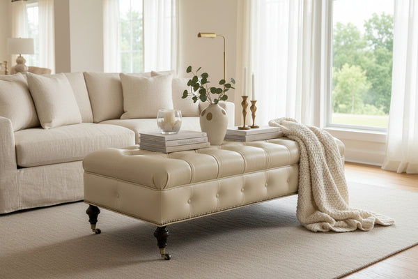 Belport 67 Inch Long Deep Button Tufted Leather Coffee Table Bench