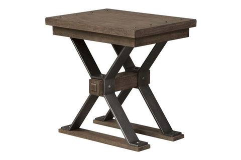 Rutherford Industrial Style Antique Pewter Metal Base Chair Side Table With Weathered Bark Top