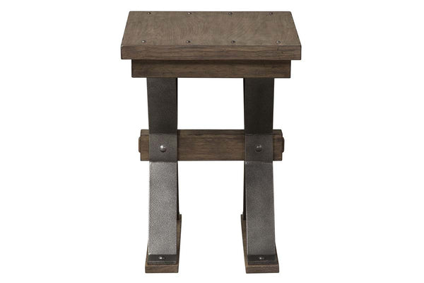 Rutherford Industrial Style Antique Pewter Metal Base Chair Side Table With Weathered Bark Top