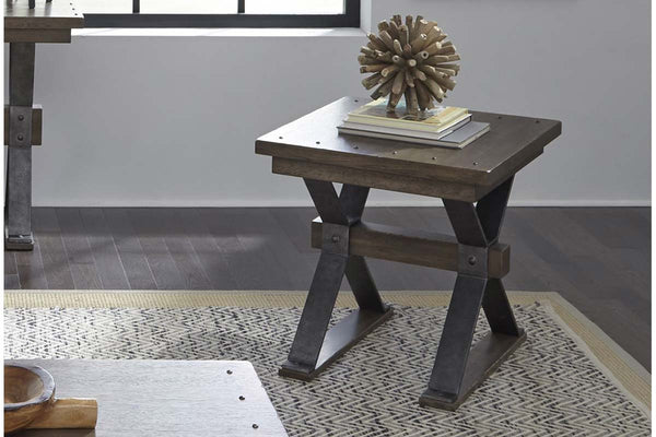 Rutherford Industrial Style Antique Pewter Metal Base End Table With Weathered Bark Top