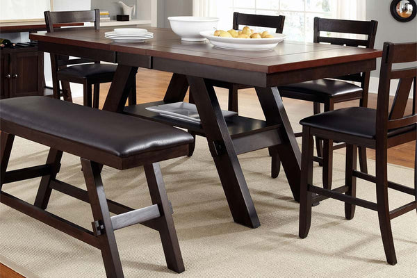 Thayer Contemporary 6 Piece Light And Dark Espresso Gathering Pedestal Table Dining Set With Splat Back Side Chairs And Bench