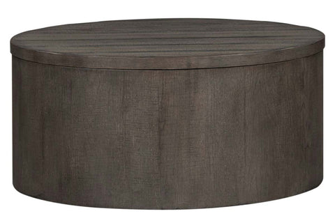 Tristan I Farmhouse Style Charcoal Round Drum Cocktail Table