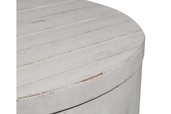 Tristan II Farmhouse Style Distressed White Round Drum Cocktail Table