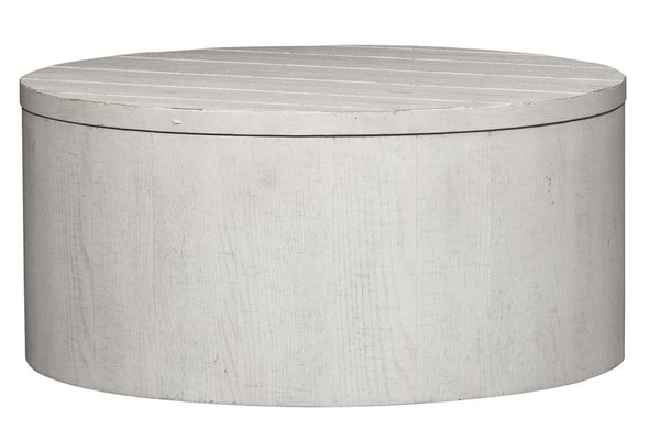 Tristan II Farmhouse Style Distressed White Round Drum Cocktail Table