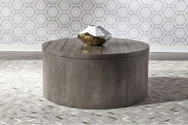 Tristan I Farmhouse Style Charcoal Round Drum Cocktail Table