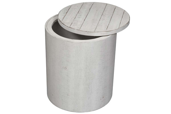 Tristan II Farmhouse Style Distressed White Round Drum Storage End Table