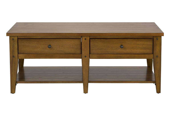 Warrington Golden Oak Lake House Style Coffee Table With Two Drawers And Shelf