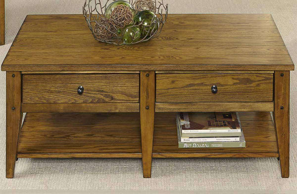 Warrington Golden Oak Lake House Style Coffee Table With Two Drawers And Shelf