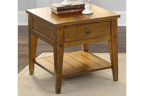 Warrington Traditional Single Drawer Plank Style Golden Oak End Table With Shelf