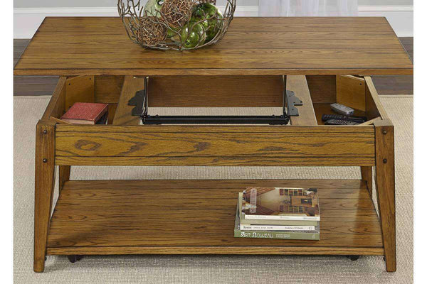 Warrington Golden Oak Lift Top Coffee Table With Plank Top And Storage Shelf