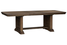 Zander Transitional 7 Piece Trestle Table Dining Set With Aged Oak Finish And Upholstered Side Chairs