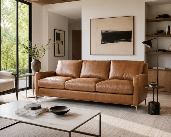 Quincy Cognac 86 Inch Modern Top Grain Leather Pillow Back Sofa