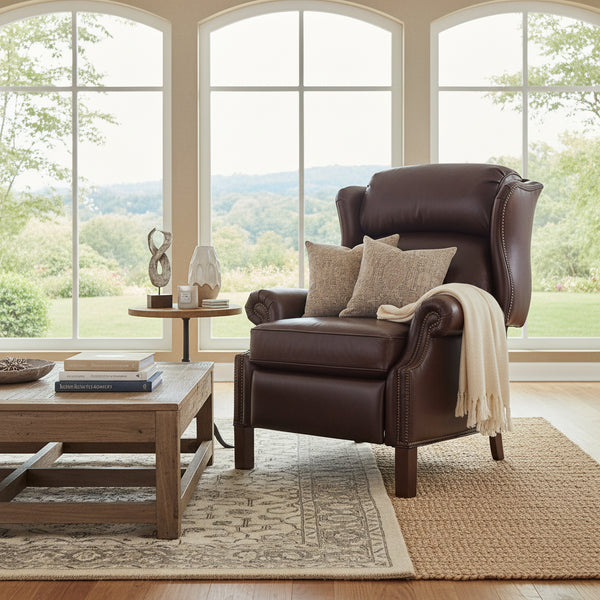 Manning Tall Leather Bustle Back Chippendale Recliner