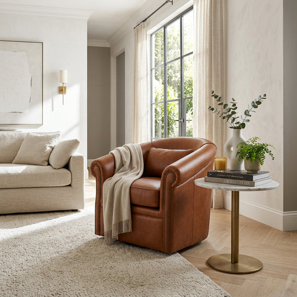 Chester Leather Barrel Swivel Accent Chair