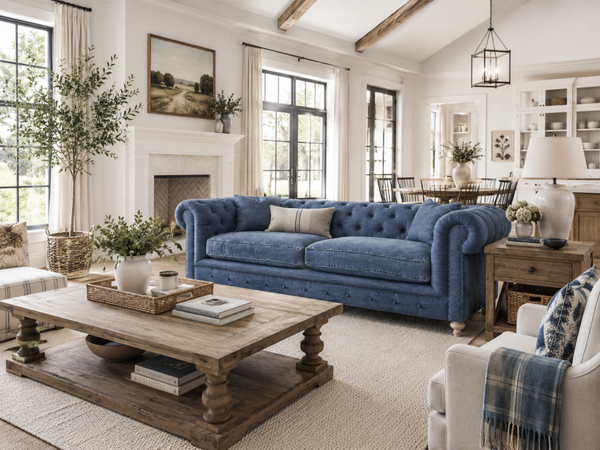 Armstrong 96 Inch Chesterfield "Quick Ship" Sofa In Blue Denim