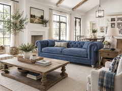 Armstrong 96 Inch Chesterfield "Quick Ship" Sofa In Blue Denim
