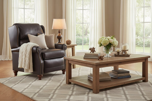 Doyle Leather Bustle Pillow Back Recliner