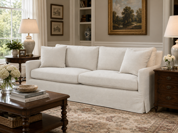 Phoebe Pebble 85 Inch Slipcovered "Quick Ship" Track Arm Sofa