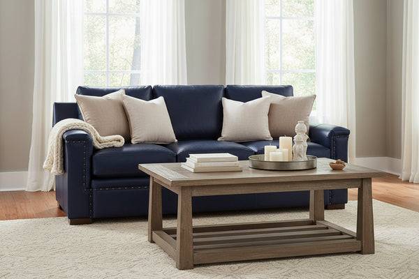 Francisco 86 Inch Three Seat Layered Track Arm Leather Pillow Back Couch With Nails