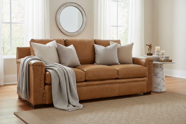Francisco 86 Inch Three Seat Layered Track Arm Leather Pillow Back Couch With Nails