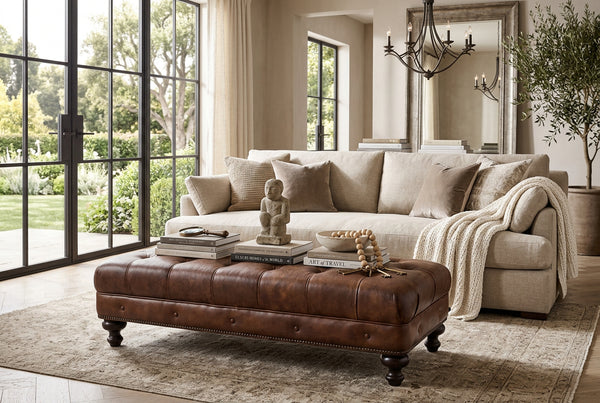Norwich 46 Inch Rectangular Button Tufted Leather Upholstered Ottoman Coffee Table