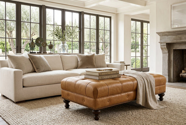 Norwich 46 Inch Rectangular Button Tufted Leather Upholstered Ottoman Coffee Table