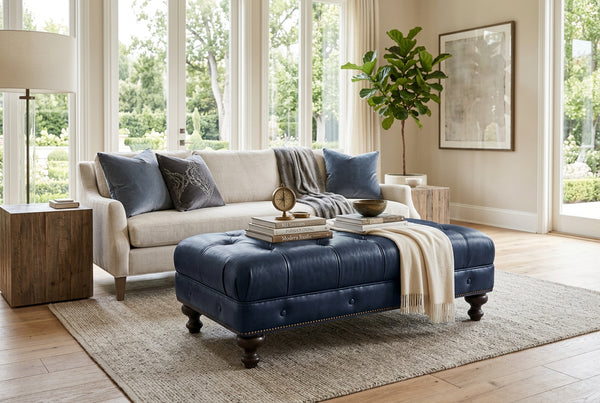 Norwich 46 Inch Rectangular Button Tufted Leather Upholstered Ottoman Coffee Table