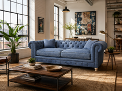 Armstrong 96 Inch Chesterfield "Quick Ship" Sofa In Blue Denim