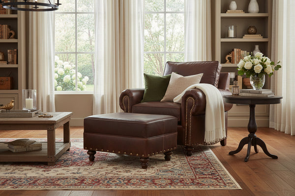 Hampton Leather Pillow Back Club Chair w/ Nailhead Trim