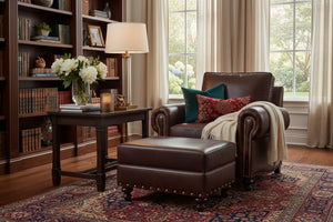 Hampton Leather Footstool Ottoman w/ Nailhead Trim