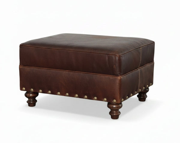 Hampton Leather Footstool Ottoman w/ Nailhead Trim