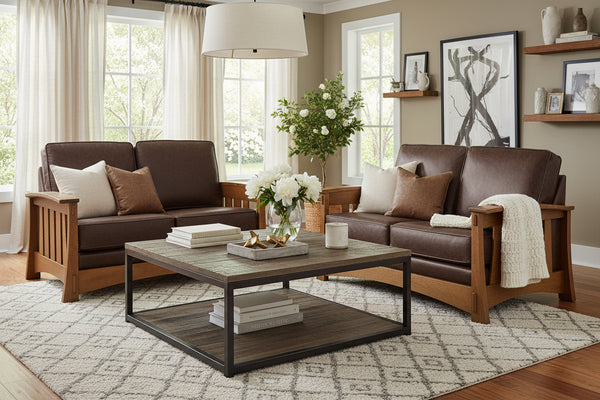 Highland White Oak Mission Style Leather Loveseat