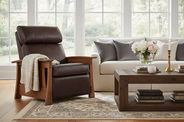 Highland "WALL HUGGER" White Oak Mission Style Leather Reclining Chair